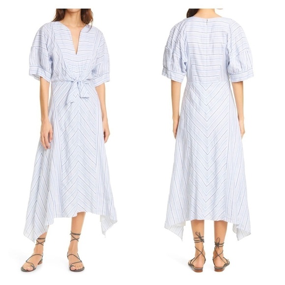 Rebecca Taylor Directional Stripe Belted Cotton Linen Midi Dress Blue White 6 - Picture 3 of 9